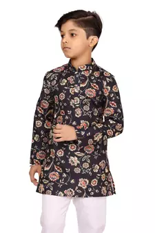 Boy's Black Cotton Printed Kurta Churidar