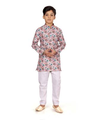 Boy's Light Pink Cotton Printed Kurta Churidar 2