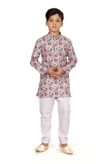Boy's Light Pink Cotton Printed Kurta Churidar