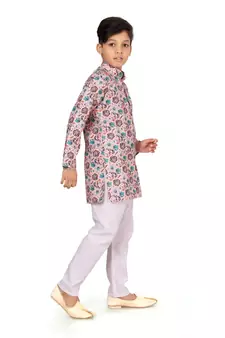 Boy's Light Pink Cotton Printed Kurta Churidar