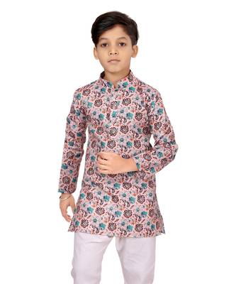Boy's Light Pink Cotton Printed Kurta Churidar 6