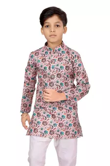 Boy's Light Pink Cotton Printed Kurta Churidar