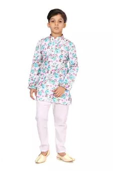 Boy's Off White Cotton Printed Kurta Churidar