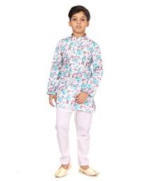 Boy's Off White Cotton Printed Kurta Churidar