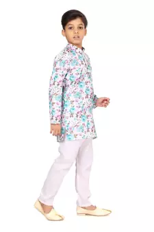 Boy's Off White Cotton Printed Kurta Churidar