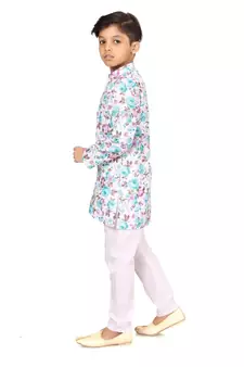 Boy's Off White Cotton Printed Kurta Churidar