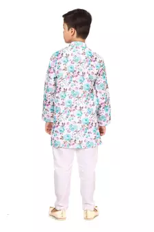 Boy's Off White Cotton Printed Kurta Churidar