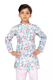 Boy's Off White Cotton Printed Kurta Churidar