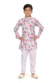 Boy's Off White Cotton Printed Kurta Churidar