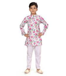 Boy's Off White Cotton Printed Kurta Churidar
