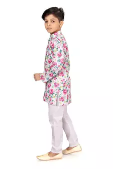 Boy's Off White Cotton Printed Kurta Churidar