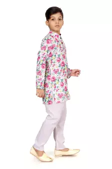 Boy's Off White Cotton Printed Kurta Churidar