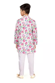Boy's Off White Cotton Printed Kurta Churidar