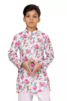 Boy's Off White Cotton Printed Kurta Churidar
