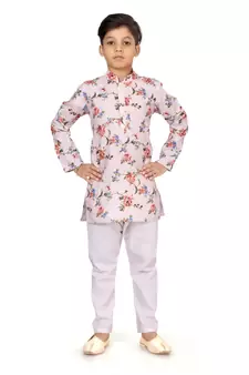 Boy's Off White Cotton Printed Kurta Churidar
