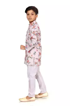 Boy's Off White Cotton Printed Kurta Churidar