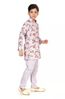 Boy's Off White Cotton Printed Kurta Churidar