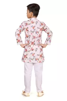 Boy's Off White Cotton Printed Kurta Churidar