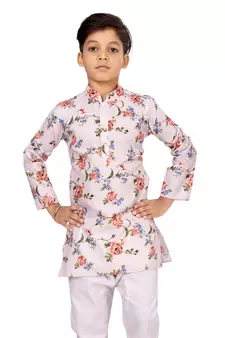 Boy's Off White Cotton Printed Kurta Churidar