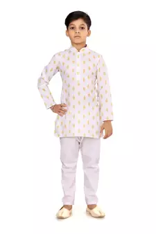 Boy's Off White Cotton Printed Kurta Churidar