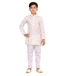 Boy's Off White Cotton Printed Kurta Churidar