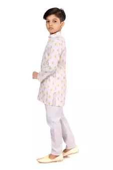 Boy's Off White Cotton Printed Kurta Churidar