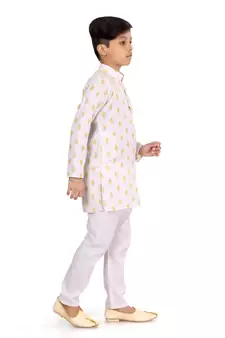 Boy's Off White Cotton Printed Kurta Churidar