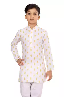 Boy's Off White Cotton Printed Kurta Churidar