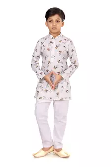 Boy's Off White Cotton Printed Kurta Churidar
