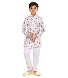 Boy's Off White Cotton Printed Kurta Churidar