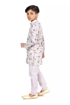 Boy's Off White Cotton Printed Kurta Churidar