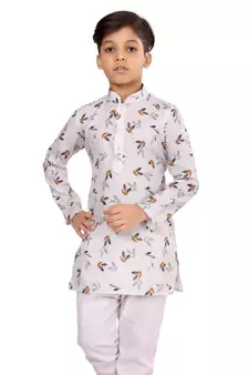 Boy's Off White Cotton Printed Kurta Churidar