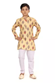 Boy's Yellow Cotton Printed Kurta Churidar