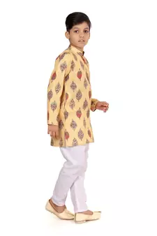 Boy's Yellow Cotton Printed Kurta Churidar