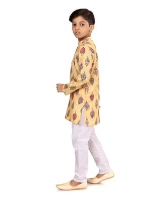 Boy's Yellow Cotton Printed Kurta Churidar 4