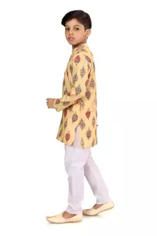 Boy's Yellow Cotton Printed Kurta Churidar
