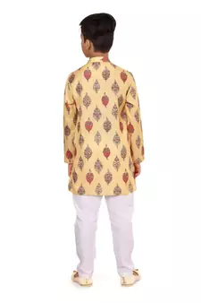 Boy's Yellow Cotton Printed Kurta Churidar