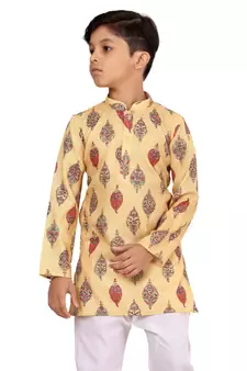 Boy's Yellow Cotton Printed Kurta Churidar