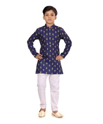 Boy's Navy Blue Cotton Printed Kurta Churidar 2