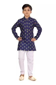 Boy's Navy Blue Cotton Printed Kurta Churidar