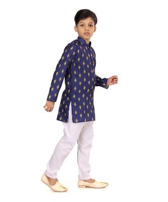 Boy's Navy Blue Cotton Printed Kurta Churidar 3