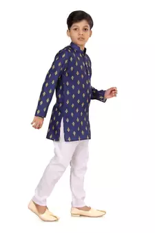 Boy's Navy Blue Cotton Printed Kurta Churidar