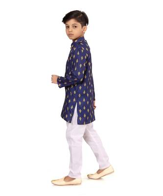 Boy's Navy Blue Cotton Printed Kurta Churidar 4