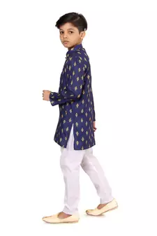 Boy's Navy Blue Cotton Printed Kurta Churidar