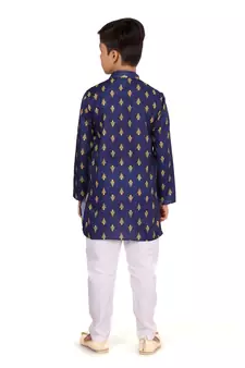 Boy's Navy Blue Cotton Printed Kurta Churidar