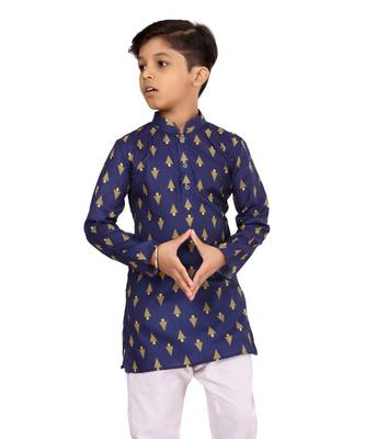 Boy's Navy Blue Cotton Printed Kurta Churidar 6