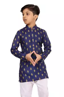 Boy's Navy Blue Cotton Printed Kurta Churidar