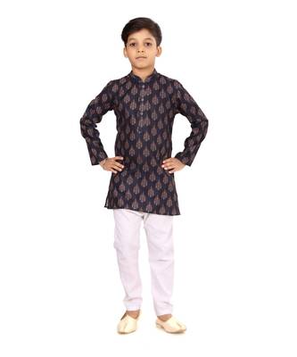 Boy's Black Cotton Printed Kurta Churidar 2