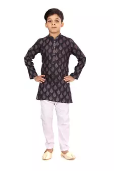 Boy's Black Cotton Printed Kurta Churidar