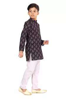 Boy's Black Cotton Printed Kurta Churidar